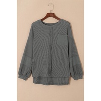 Gray Exposed Seam Patchwork Bubble Sleeve Waffle Knit Top - M thumbnail