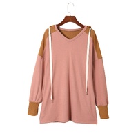 Brown Waffle Knit Patchwork Drawstring V Neck Hoodie - L thumbnail