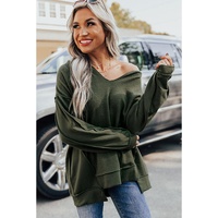 Azura Exchange Exquisite Green Long Sleeve Top with Split Neck and Exposed Seam Detail - M thumbnail