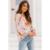 Azura Exchange Abstract Print Split Neck Puff Sleeve Blouse - L thumbnail