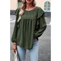 Blackish Green Lace Eyelet Ruffle Shoulder Long Sleeve Blouse - L thumbnail