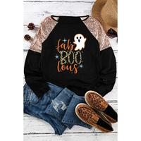 Black Leopard Boo Ghost Graphic Sequin Raglan Sleeve Top - S thumbnail