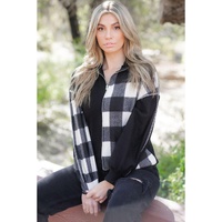 Black Checkboard Patchwork Exposed Stitching Collared Top - M thumbnail