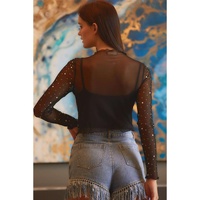 Black Rhinestone Sheer Mesh Slim Fit Long Sleeve Top - L thumbnail