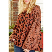Brown Contrast Leopard Print Bubble Sleeve Blouse - L thumbnail