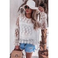 Beige Embroidered Mesh Flounce Sleeve Blouse - M thumbnail