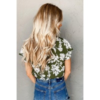 Green Floral Print Split Neck Short Sleeve Blouse - L thumbnail