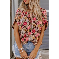 Pink Floral Print Crew Neck Short Sleeve Shift Blouse - L thumbnail