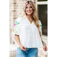 White Floral Embroidered Puff Sleeve Notched Neck Blouse - L thumbnail