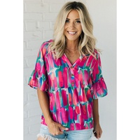 Rose Abstract Brushwork Print Buttoned V Neck Blouse - L thumbnail