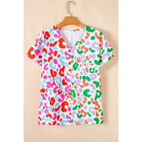 Green Contrast Leopard Print V Neck Short Sleeve Blouse - L thumbnail