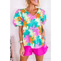 Pink Floral Print Bubble Sleeve V Neck Peplum Blouse - L thumbnail