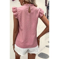 Pink Polka Dots Ruffle Flutter Sleeve Frilled Neck Blouse - L thumbnail