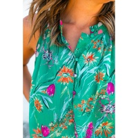 Bright Green Floral Print Buttoned Neckline Tank Top - XL thumbnail