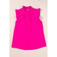 Bright Pink Pleated Mock Neck Frilled Trim Sleeveless Top - L thumbnail