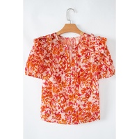 Orange Floral Print Ruffled Short Puff Sleeve Split Neck Blouse - 2XL thumbnail