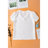 White Solid Color Textured V Neck Short Sleeve Top - S thumbnail