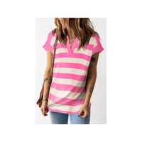 Pink Stripe V Neck Collared Cap Sleeve Top - L thumbnail