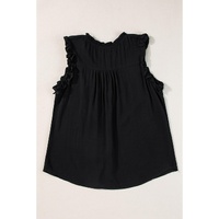 Black Button Split Neck Ruffled Trim Tank Top - XL thumbnail