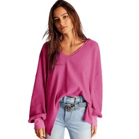 Bright Pink Waffle V Neck Long Sleeve Drop Shoulder Loose Blouse - L thumbnail