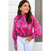 Purple Printed Bubble Sleeve Mock Neck Blouse - L thumbnail