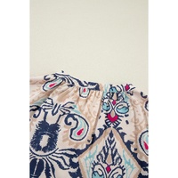 White Abstract Printed Notched V Neck Split Half Sleeve Blouse - L thumbnail