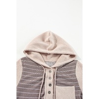 Gray Textured Knit Colorblock Striped Henley Hooded Top - S thumbnail