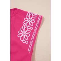 Sachet Pink Floral Embroidered Flutter Sleeve Pleated Neck Blouse - M thumbnail