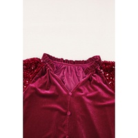 Red Dahlia Sequin Patchwork Sleeve Button Up Velvet Top - L thumbnail