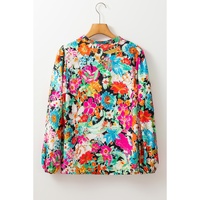 Multicolour Floral Print Bubble Sleeve V Neck Ruffled Blouse - L thumbnail