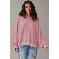 Pink Waffle Knit Bishop Sleeve Split Oversized Sweatshirt - M thumbnail