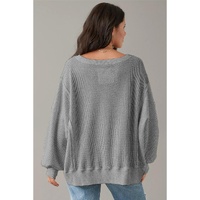 Gray Waffle knit Bishop Sleeve Split Oversized Top - M thumbnail
