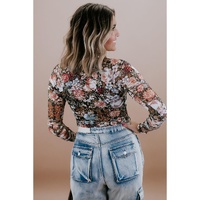 Brown Floral Long Sleeve High Neck Sheath Mesh Blouse - M thumbnail