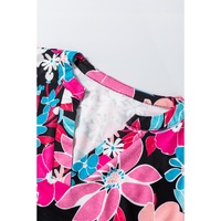 Pink Floral V Neck Roll Tab Sleeve Blouse - L thumbnail
