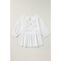 White Bow Knot Cutout Back Loose Fit 3/4 Sleeve Blouse - M thumbnail