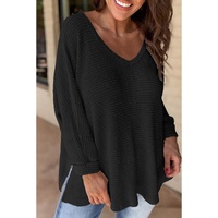 Black Waffle Knit Side Slits Loose Fit V Neck Top - L thumbnail