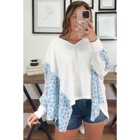 White Abstract Floral Patchwork Batwing Sleeve V Neck Blouse - S thumbnail