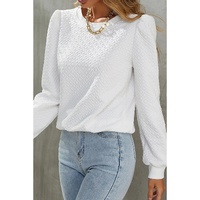 White Textured Puff Long Sleeve Round Neck Top - L thumbnail