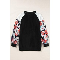 Black Floral Patchwork Long Sleeve Ribbed Blouse - 2XL thumbnail