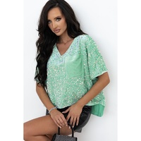 Moonlight Jade Sequin Batwing Sleeve V Neck Velvet Blouse - L thumbnail