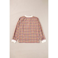 Pink Colorblock Plaid Patchwork Henley Blouse - L thumbnail