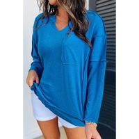 Blue Ribbed Exposed Seam Knit V Neck Long Sleeve Top - L thumbnail