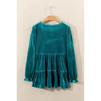 Sea Green Velvet V Neck Peplum Hem Puff Sleeve Blouse - L thumbnail