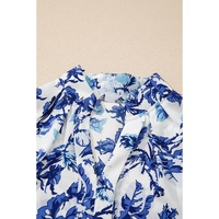 Sky Blue Floral Print Notched Neck Elegant Blouse - L thumbnail