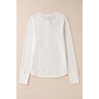 White Solid Color Waffle Half Button Long Sleeve Top - L thumbnail