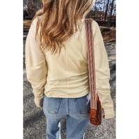 Beige Thermal Knit Patchwork Exposed Seam Long Sleeve Top - S thumbnail