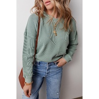 Clearly Aqua Waffle Knit Drop Shoulder V Neck Top - L thumbnail