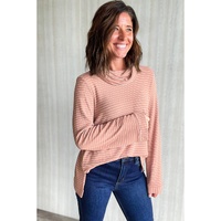 Pink Stripe Cowl Neck Side Slits Loose Fit Long Sleeve Top - L thumbnail