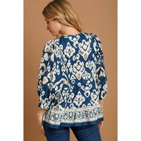 Blue Tribal Geometric Print 3/4 Sleeve Flowy Fit Blouse - L thumbnail