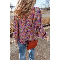 Purple Floral Allover Print Shirred Cuff Frilled O Neck Blouse - L thumbnail